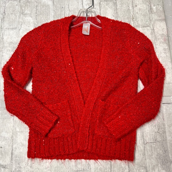 Cat & Jack sz 6/6X bright red open front sequin thread sweater cardigan - Picture 5 of 6
